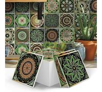 Voyantive 12pcs Moroccan Mosaic Tile Stickers, Peel & Stick, Waterproof, Heat-Resistant, Green, PVC, Square, 15cm x 15cm, Modern, Geometric, Textured Finish