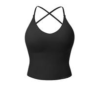 VOYJOY Women's Workout Tank Top V Neck Padded Sleeveless Backless Crop Tops with Adjustable Spaghetti Strap, Black, S