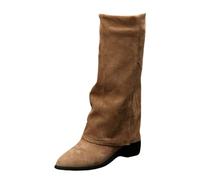 Voylansi Women Boot Socks Wide Calf Women's Folding Mid Calf Casual Round Toe Hemming Casual Leather Wide Tube Calf Thick Heel Thick Half Shoe Men (Brown, 6.5)