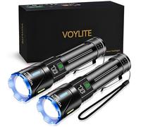 Voylite Torches Led Super Bright Rechargeable 2 Pack, 500000 Lumen Powerful Torch, Long Lasting Bright Torch, LCD Power Display, 1500m Range, IPX7 Water, 3 Modes and Zoom with Belt Clip for Outdoor