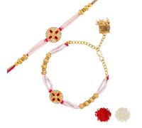 VOYLLA White Pearls And Golden Beads Bhaiya Bhabhi Rakhi|Rakhi For Brother|Bhaiya Bhabhi Rakhi|Lumba Rakhi|, One Size, Cotton, No Gemstone