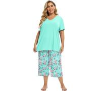 Vozanet Women's Pajamas Set Soft V Neck Sleepwear Top and Capri Pj Lounge Sets Cartoon Heart Shape Cat Nighty Plus Size, Light Green, M