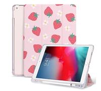 Vozehui 10.2 inch Case for iPad 9th/8th/7th Generation with Pencil Holder, Strawberry Print Tri-fold Stand Protective Cover with Auto Sleep Wake for iPad Case 10.2 inch 2021/2020/2019,Pink