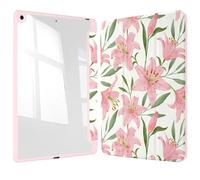 Vozehui 10.2 inch Lily Floral Case for iPad 9th/8th/7th Generation with Clear Back Shell w/Pencil Holder,Shockproof Tri-fold Stand Protective Cover w/Auto Sleep Wake for iPad 9th/8th/7th
