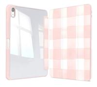 Vozehui 11/10.9 inch Pink White Grid Case for iPad (A16) 11/10th Generation with Clear Back Shell w/Pencil Holder,Shockproof Tri-fold Stand Protective Cover w/Auto Sleep Wake for iPad 11/10th