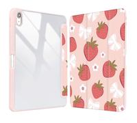 Vozehui 11/10.9 inch Strawberry Bowknot Case for iPad 11/10th Generation 2025/2022 Case Pink with Clear Back Shell w/Pencil Holder,Tri-fold Stand Protective Cover w/Auto Sleep Wake