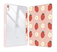 Vozehui 11/10.9 inch Strawberry Flowers Case for iPad 11/10th Generation 2025/2022 Case Pink with Clear Back Shell w/Pencil Holder,Tri-fold Stand Protective Cover w/Auto Sleep Wake