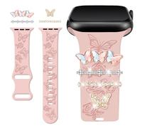 Vozehui Butterfly Engraved Strap with Decorative Ring Loops Compatible with Apple Watch Strap 38mm 40mm 41mm 42mmm 44mm 45mm for Women,Soft Silicone Band for iWatch Series 11 10 9 8 7 6 5 4 3 2 1 SE