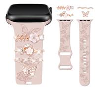 Vozehui Butterfly Engraved Strap with Decorative Rings Loops Compatible with Apple Watch Strap 38mm 40mm 41mm 42mmm 44mm 45mm for Women,Soft Silicone Band for iWatch Series 11 10 9 8 7 6 5 4 3 2 1 SE