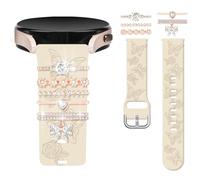 Vozehui Engraved Strap Compatible with Galaxy Watch 7 6 5 4 40mm 44mm Women, 20mm Soft Silicone Band with Decorative Rings Loops for Watch FE/Active 2/Watch 3 41mm/5 Pro,White