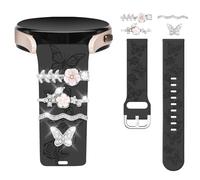 Vozehui Engraved Strap Compatible with Samsung Galaxy Watch 7 6 5 4 40mm 44mm Women, 20mm Soft Silicone Band with Decorative Rings Loops for Watch FE/Active 2/Watch 3 41mm/5 Pro,Black