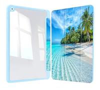 Vozehui iPad Case 11/10.9 Inch (A16)11/10th Gen/10.2 Inch 9th/8th/7th Gen/9.7 In.5th/6th/Air 11 In.M3/M2 w/Clear Back Shell w/Pencil Holder,Tri-fold Stand Cover w/Auto Sleep Wake Blue Beach