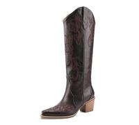 VOZTOLLS Cowboy Boots for Women Knee High Cowgirl Western Boots Pointed Toe Chunky Block Heel Retro Vintage Floral Embroidered Pull-On Tabs Tall Boot, Dark Brown, 9 UK