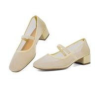 VOZTOLLS Women's Mary Jane Low Chunky Heels Closeld Square Toe Pumps Slip On Casual Comfortable Party Work Office Pumps Shoes, Yellow Mesh, 5 UK
