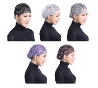 Vpang 5 Pack Womens Muslim Inner Hijab Caps Shiny Lace Head Cover Stretch Beanie Turban Hat Chemo Cap Headwrap Cover - - M