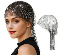 VPbao Bling Fishnet Headdress Sparkly Crystal Skull Cap Headband for Women Elastic Veil Cap Hollow Out Glitter Sequins Head Scarf Mesh Hats Headwrap with Rhinestone Turban Bandana Black
