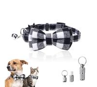 VPbao Pet Collar with Bell, Anti-Lost Name Tags and Bow Tie, Soft Lightweight Plaid, Quick Release Buckle Safety Collars Removable Bow-tie for Kitten Puppy Small Pets Black