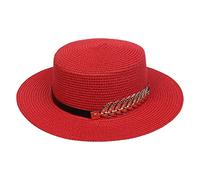 VPbao Women Flat Top Straw Boater Hat Wide Brim Summer Hat with Gold Leaf
