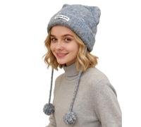 VPbao Women Y2K Cat Ear Beanie Hat with Pom Poms, Goth Grunge Crochet Knitted Slouchy Skully Caps, Soft Warm Vintage Gothic Little Devil Wool Loose Fox Grunge Hats Grey Blue