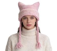 VPbao Women's Cat Ear Striped Knitted Hats, Winter Warm Elastic Cap Crochet Braid Slouchy Beanie Soft Vintage Y2K Gothic Little Devil Wool Loose Fox Grunge Hat Pink