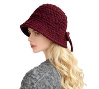 VPbao Womens Winter Bucket Hat, Foldable Round Back Bow Knit Woolen Warm Solid Cloche Chunky Hat for Women, Casual Fluffy Beanie Hat Fisherman Crochet Cap for Travel Outdoor Red