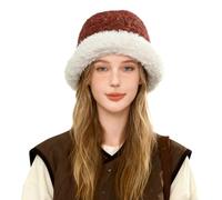 VPbao Women's Winter Plush-Edged Knitted Bucket Hat with Wool Lining and Rolled Edges, Wide Brim Soft Windproof Slouchy Fisherman Cap, Cloche Vintage Fluffy Bonnet Beanie Hats Burgundy