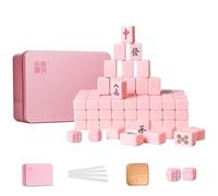 VPH Mini Chinese Mahjong 144 Pieces Aqua Pink Iron Box All Hand Painted - Mahjong Set for 4 Players, Ages 8+