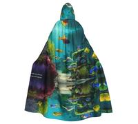 VPPUR Cute Blue Fish Print Full Length Hooded Unisex Cloak For Halloween Cosplay And Medieval Festivals