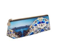 VPPUR Santorini Greek Island sea View Print Daily Small Pencil Case Triangle Pouch with Zippered Pen Holder for Writing Tools, White, One Size