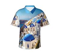 VPPUR Santorini Greek Island Sea View Print Loose Hawaiian Shirt for Men Short Sleeve for Beach Vacation and Summer Outings, Black, Medium