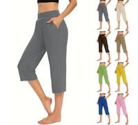 VPQILH Women 3/4 Length Trousers UK Clearance, Ladies Elasticated Waist Cropped Capri Pants Straight Leg Bottoms with Pockets, Summer Casual Leggings Loose Fit Tights Gym Running Lounge Shorts Brown