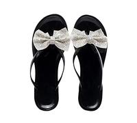 VPQILH Women's Bow Thong Slippers UK Clearance Ladies Flash Diamond Slider Flat Slides Summer Slipper Open Toe Slide Backless Sliders Non-Slip Flip Flop for Walking Travelling Beach Poolside Shoes
