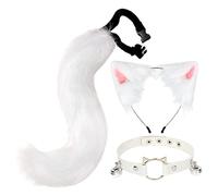 VPUPYILG 3x Fur Cat Ear Tail Leather Choker Halloween Lolita Cosplay Costume Kits White Kitty