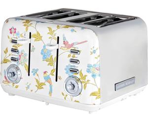 VQ Laura Ashley Retro 4 Slice Toaster, Warming Rack, Wide Slots, Hand-Applied Elveden White Print, Vintage, Stainless Steel, Floral - VQSBT583WSUK