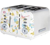 VQ Laura Ashley Retro 4 Slice Toaster, Wide Slots, Hand-Applied Elveden White Print, Vintage, Stainless Steel, Floral - VQSBT583WSUK