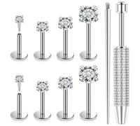 Vqoxaggi Flat Back Stud Earrings Internally Threaded 16G 18G CZ Piercing Jewelry with Tools 316L Surgical Steel Labret Posts for Tragus Helix Cartilage Conch Nose Lip Medusa Hypoallergenic, Metal