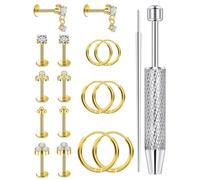 Vqoxaggi Hypoallergenic Flat Back Cartilage Earrings Set 20G Threadless Surgical Steel Studs & Hoops for Sensitive Ears with Claw Tool Tragus Helix Conch Daith Helix Piercing Jewelry for Women, Metal