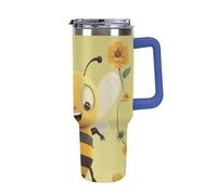 Vqqkasmn Car Cup with Handle 40 Oz 304 Stainless Steel Water Bottle Happy Bee Printed Large Capacity Metal Coldest Flask Travel Mug Insulated Tumblers Iced for Tea Coffee Gift