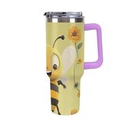 Vqqkasmn Car Cup with Handle 40 Oz 304 Stainless Steel Water Bottle Happy Bee Printed Large Capacity Metal Coldest Flask Travel Mug Insulated Tumblers Iced for Tea Coffee Gift