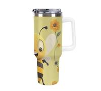 Vqqkasmn Car Cup with Handle 40 Oz 304 Stainless Steel Water Bottle Happy Bee Printed Large Capacity Metal Coldest Flask Travel Mug Insulated Tumblers Iced for Tea Coffee Gift