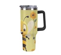 Vqqkasmn Car Cup with Handle 40 Oz 304 Stainless Steel Water Bottle Happy Bee Printed Large Capacity Metal Coldest Flask Travel Mug Insulated Tumblers Iced for Tea Coffee Gift