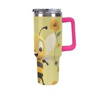 Vqqkasmn Car Cup with Handle 40 Oz 304 Stainless Steel Water Bottle Happy Bee Printed Large Capacity Metal Coldest Flask Travel Mug Insulated Tumblers Iced for Tea Coffee Gift