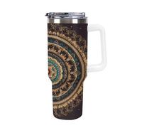 Vqqkasmn Car Cup with Handle 40 Oz 304 Stainless Steel Water Bottle Mandala Printed Large Capacity Metal Coldest Flask Travel Mug Insulated Tumblers Iced for Tea Coffee Gift