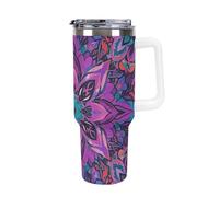Vqqkasmn Car Cup with Handle 40 Oz 304 Stainless Steel Water Bottle Mandala Stylized Printed Large Capacity Metal Coldest Flask Travel Mug Insulated Tumblers Iced for Tea Coffee Gift