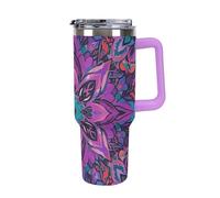 Vqqkasmn Car Cup with Handle 40 Oz 304 Stainless Steel Water Bottle Mandala Stylized Printed Large Capacity Metal Coldest Flask Travel Mug Insulated Tumblers Iced for Tea Coffee Gift