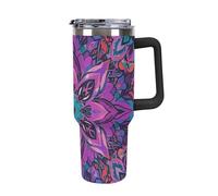 Vqqkasmn Car Cup with Handle 40 Oz 304 Stainless Steel Water Bottle Mandala Stylized Printed Large Capacity Metal Coldest Flask Travel Mug Insulated Tumblers Iced for Tea Coffee Gift