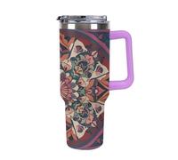 Vqqkasmn Car Cup with Handle 40 Oz 304 Stainless Steel Water Bottle Vintage Mandala Printed Large Capacity Metal Coldest Flask Travel Mug Insulated Tumblers Iced for Tea Coffee Gift