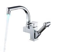 VQRINWIEL Kitchen Faucets with 2 Mode Spout Brass Deck Mounted Single Handle Hot and Cold Water Pull Out Pull Down Sprayer Kitchen Sink Mixer Tap,Matte Black(Led Chrome)