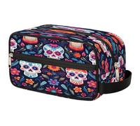 VQUVQV Day of The Dead Sugar Skull Floral Large Makeup Bag, Travel Toiletry Organiser for Women Men, Portable Wide-Open Wash Bag with Handle, 26.5x13.5x11.2cm