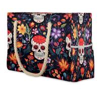 VQUVQV Large Beach Bags for Women Men, Waterproof Summer Beach Tote Bag with Zip and Pocket, Holiday Essentials Family Travel Bag, Day Of The Dead Skull